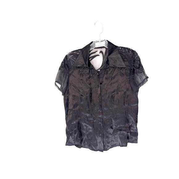 Black Basic Dressy Vamp Silk Short Sleeve Collared Button Up Blouse Large - Picture 1 of 10